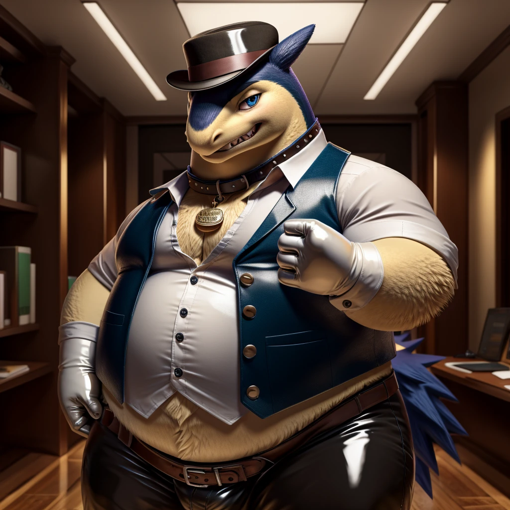 Solo, Male, fat, extremely obese, gentleman, dapper Professor Typhlosion, mob boss, blue eyes, (posing:1.3), (soft shading), 4k, hi res, ((detailed face, detailed)), looking at viewer, mouth wide open, dapper clothing, collared shirt with buttons, bowler hat, male focus, Explorer Outfit, glasses, monocle, vest with buttons, sleeves rolled up, round eyewear, brown headwear, brown vest, office, Typhlosion is wearing a glossy leather dog collar around the neck, Typhlosion is wearing the leather collar and shirt and vest at the same time, Typhlosion is wearing glossy white rubber gloves on the hands, wearing white rubber gloves on the feet, gloves are rubber in texture, clenching teeth, clenching fists, leather collar is glossy and shiny with a lot of detail, Typhlosion is wearing gloves and leather collar at the same time, leather collar has a round dog-tag, leather collar is thick and detailed, leather collar is glossy and shiny, fancy clothing, dapper vest, dapper shirt, leather collar is thick, glossy leather collar.