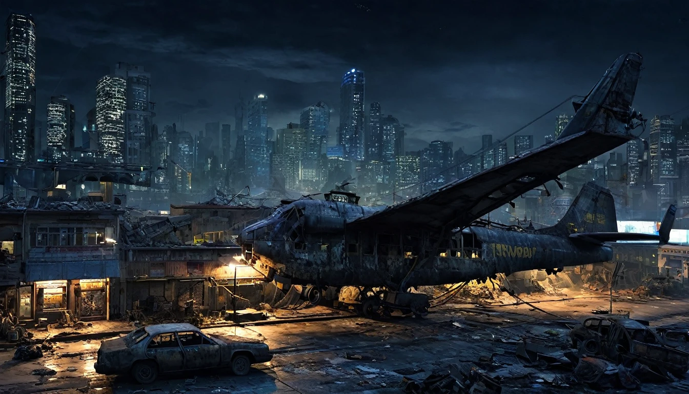 plane night city post apocalyptic