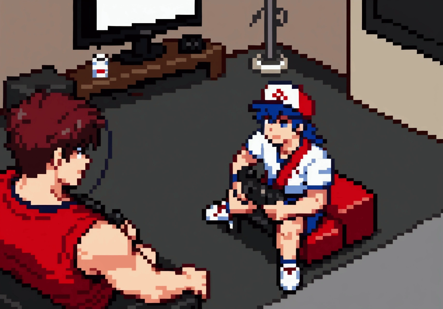 Ryu and Ken playing video games, sitting on the floor of a gym, shipping to TV, with controls in hand