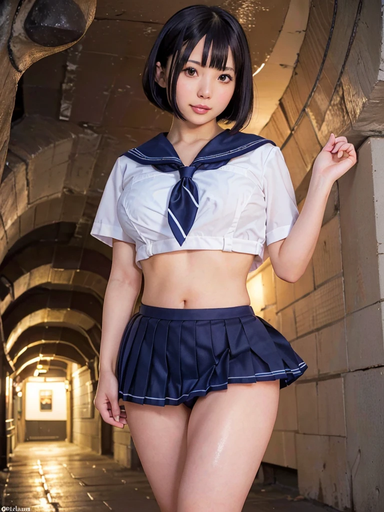 ,(Best Quality,8K,High resolution,realistic pictures:1.2),(cute girls,one girls,gravure idols),18-year-old,bob cut,Blunt bangs,thin waist,shiny skin,(sailor uniform,very short pleated miniskirt:1.3),(night time,In the underground passages:1.2),panty shot,Looking at viewer,