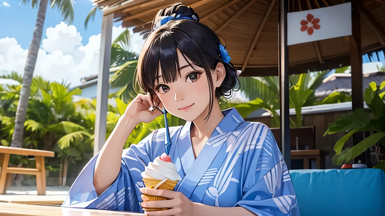 A woman in a yukata relaxing on a tropical beach with a soft serve ice cream。Reminiscent of eternal summer。Feeling cool。Instagrammable