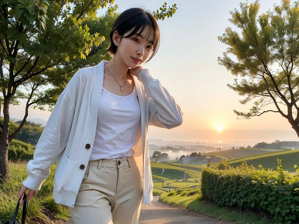8k realistic, lifelike photo,, 36 year old Korean woman, Short in stature, pretty like a model. White shirt and short cardigan, casual pants, short medium hair, Smiley, Italy. vineyard, thick dawn fog. vineyard 멀리 짙은 안개 속으로 성당이 보인다. 1 woman, Short in stature, Excellent picture quality, The morning fog is thick, The picture quality is alive. Looking up the side, sunrise red light, A monastery can be seen in the distance, . Smiley,