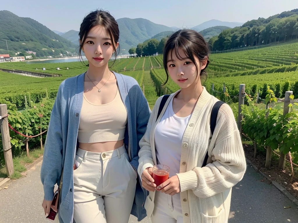 8k realistic, lifelike photo,, 36 year old Korean woman, Short in stature, pretty like a model. White shirt and short cardigan, casual pants, short medium hair, Smiley, Italy. vineyard, thick dawn fog. vineyard 멀리 짙은 안개 속으로 성당이 보인다. 1 woman, Short in stature, Excellent picture quality, The morning fog is thick, The picture quality is alive. Looking up the side, sunrise red light, A monastery can be seen in the distance, . Smiley,