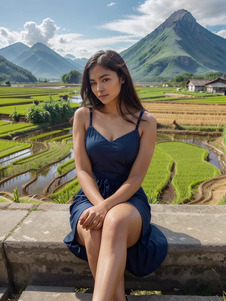 Karikatir 4 D A beautiful woman in a beautiful dress is sitting on a bench looking at the rice fields with a mountain in the background,  visible