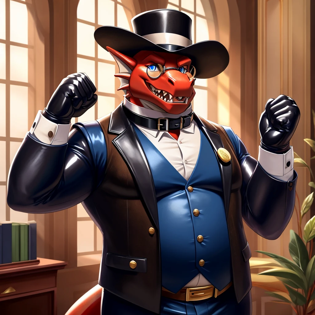 Solo, Male, fat, extremely obese, gentleman, dapper Professor Dragon, mob boss, blue eyes, (posing:1.3), (soft shading), 4k, hi res, ((detailed face, detailed)), looking at viewer, mouth wide open, dapper clothing, collared shirt with buttons, bowler hat, male focus, Explorer Outfit, glasses, monocle, vest with buttons, sleeves rolled up, round eyewear, brown headwear, brown vest, office, Dragon is wearing a glossy leather dog collar around the neck, Dragon is wearing the leather collar and shirt and vest at the same time, Dragon is wearing glossy white rubber gloves on the hands, wearing white rubber gloves on the feet, gloves are rubber in texture, clenching teeth, clenching fists, leather collar is glossy and shiny with a lot of detail, Dragon is wearing gloves and leather collar at the same time, leather collar has a round dog-tag, leather collar is thick and detailed, leather collar is glossy and shiny, fancy clothing, dapper vest, dapper shirt, leather collar is thick, glossy leather collar.