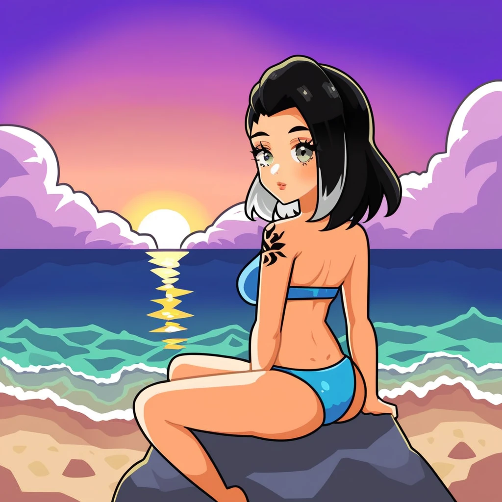 Beautiful picture of fade_valorant sitting on the beach enjoying the view, bikini, sitting on a rock, sunset, shoulders tattoo of a bear paw