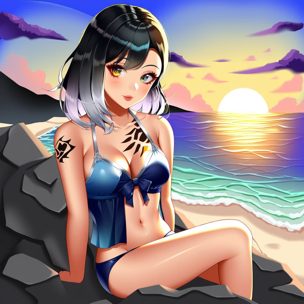 Beautiful picture of fade_valorant sitting on the beach enjoying the view, bikini, sitting on a rock, sunset, shoulders tattoo of a bear paw