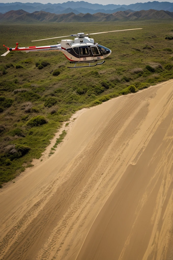 A doctor helicopter lands on the Tottori Sand Dunes