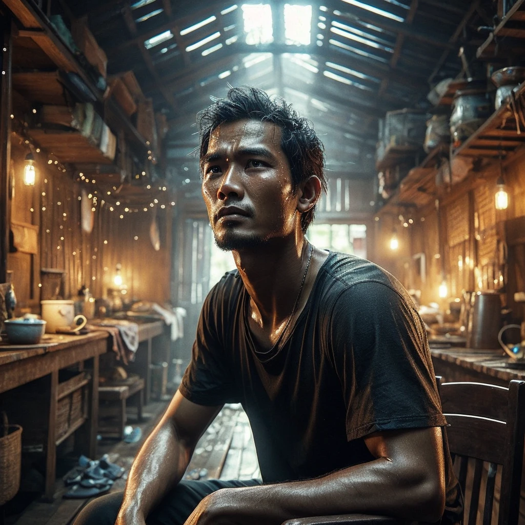 a handsome Indonesian man face expression of holding back tears