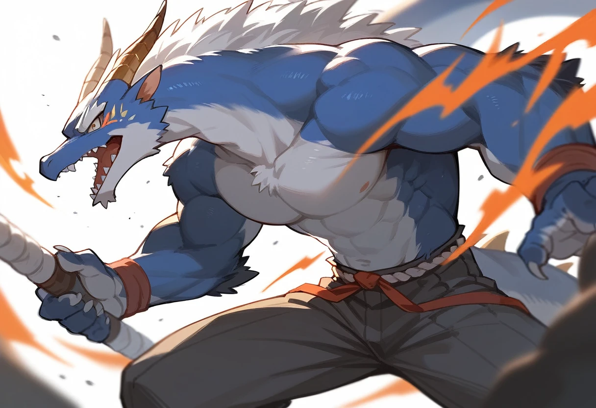 top quality, high-quality illustrations((masterpiece))depth of field, motion blur, absurdres, Perfect Anatomy, magnificent picture of kemono fighting fierce battles, kemono, 1boy, solo focus, Anthro((dramatic))epic, weapon, dynamic pose, One scene of movie,FURRY，dragon