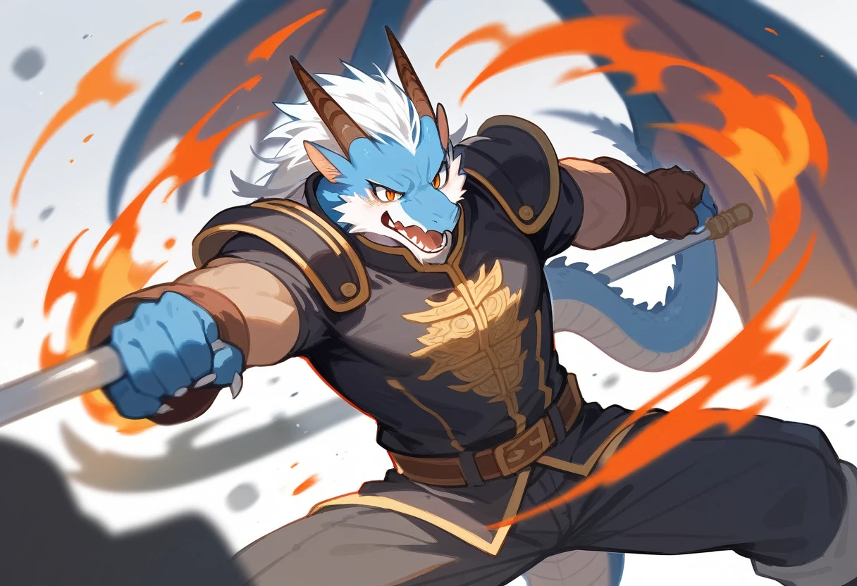 top quality, high-quality illustrations((masterpiece))depth of field, motion blur, absurdres, Perfect Anatomy, magnificent picture of kemono fighting fierce battles, kemono, 1boy, solo focus, Anthro((dramatic))epic, weapon, dynamic pose, One scene of movie,FURRY，dragon