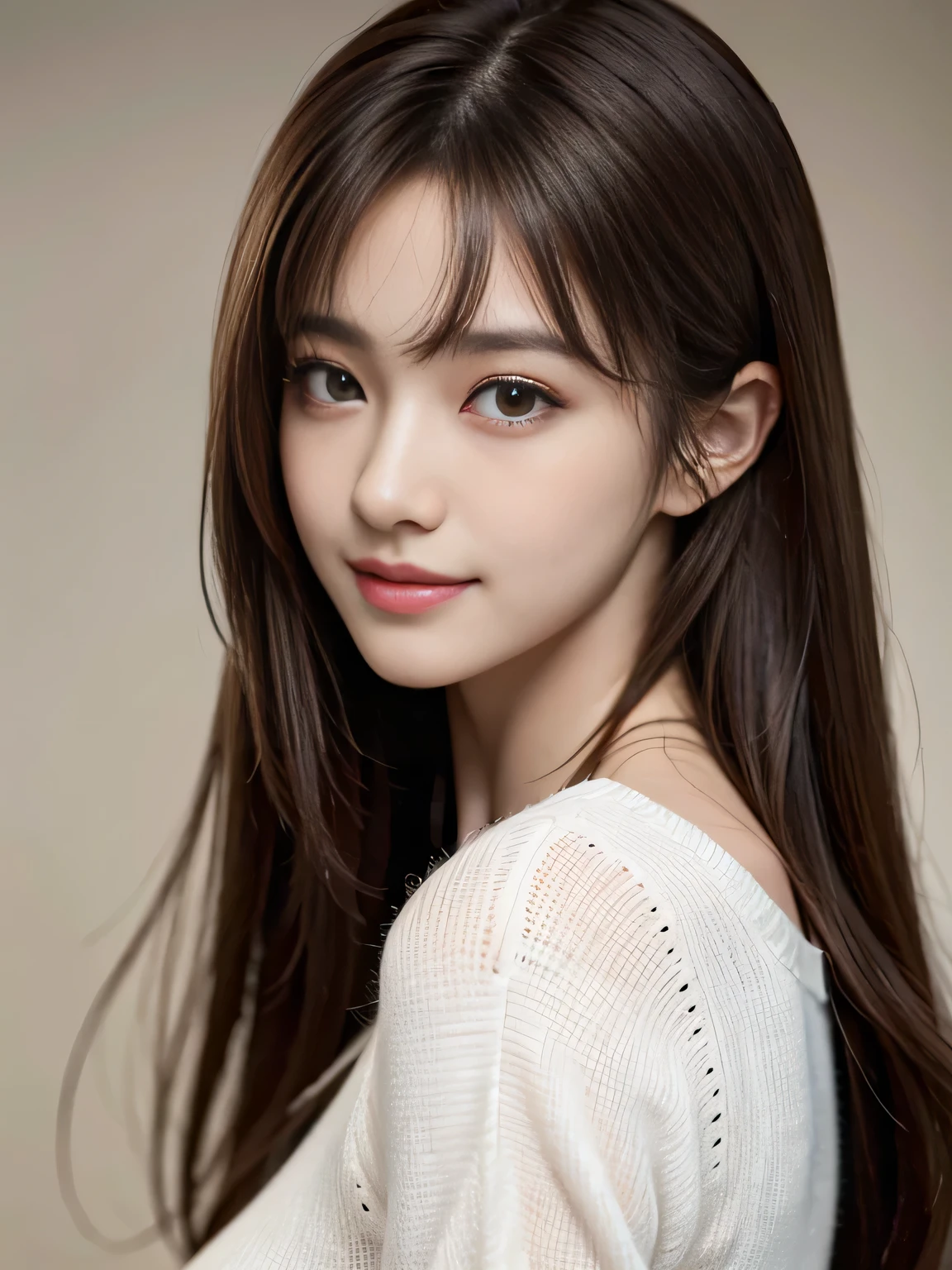 masterpiece, best quality, ultra-detailed, intricately detailed hyperdetailed, realistic, sharp features, highly detailed, sharp focus, (18 years old:1.3), Japanese Idol, perfect face, perfect symmetrically eyes, perfect full lips, hyper detailed, hyper realistic, high resolution, Fashion Model, Slender, Stylish, Realistic, Photorealistic:1.3, Beautiful Face, from above, POV shot, light brown hair, messy hair, asymmetrical bangs, Neat clothes, (smile), (white tops:1.2),