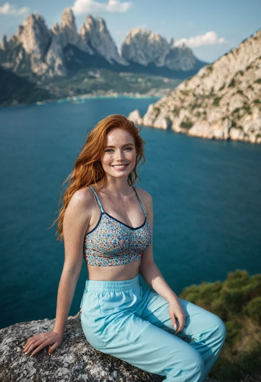 photography of mountains and sea in Italy, there is a Madelaine Petsch in right corner of the photography, sitting on a rock in summer sport clothes, long ginger hair, day light, enjoying, girls, summer, hot girls, (((very heavy bust))), ginger hair, long_hair, symmetrical face, photorealistic, photography, gorgeous, cleavage, western, (masterpice), best quality, high resolution, spectacular lighting, extremely detailed, skin with pores, freckles, depth of field, C-cup breats, model body, cinematic lighting, smiling, direct look at camera, detailed environment, rock mountains in Italy, extremely detailed environment