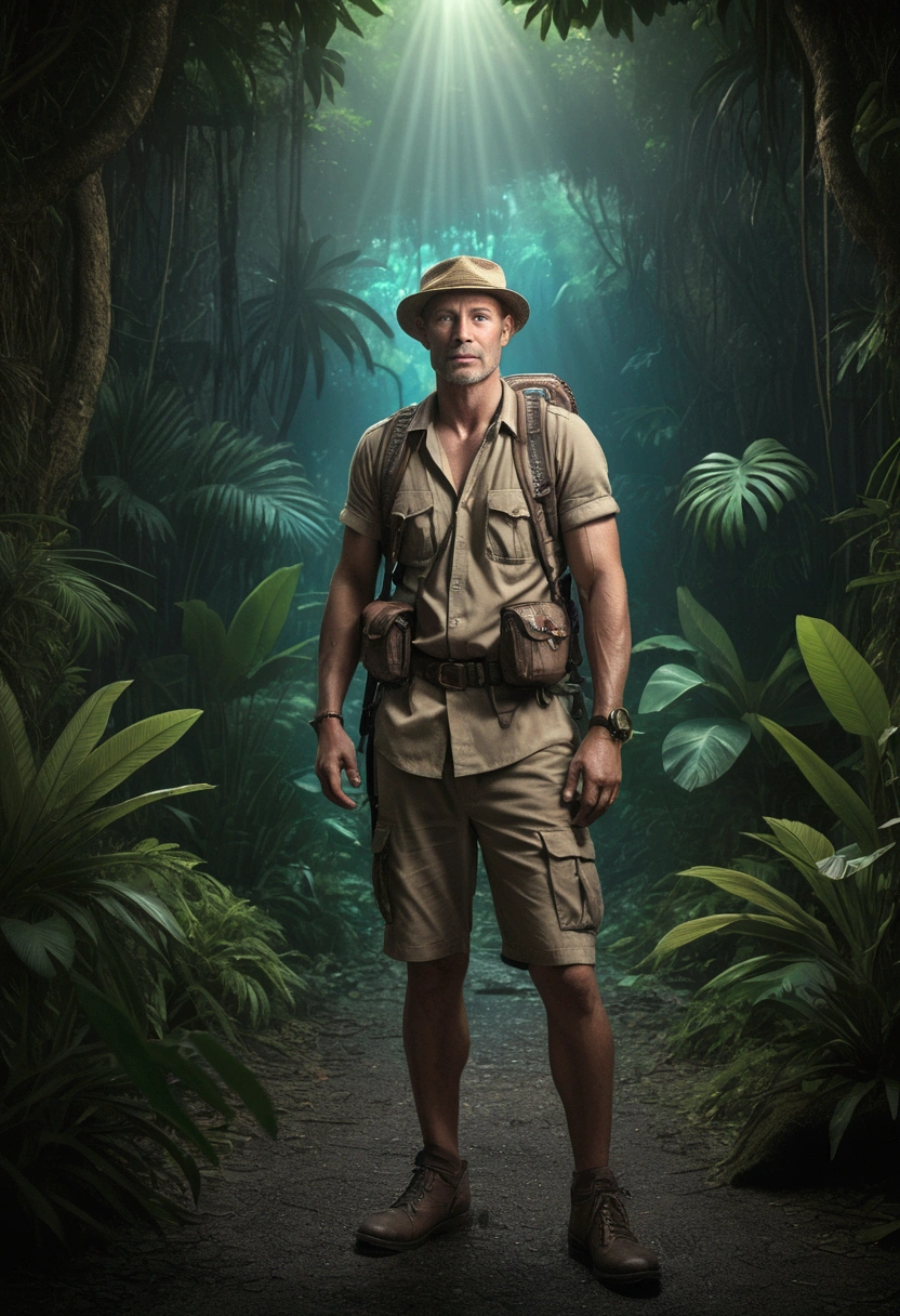 (Jungle Adventurer), in the style of neon lights, studio photography, lithograph, photo taken with provia, chiaroscuro portraitures, sombre, full body, award-winning, cinematic still, emotional, vignette, dynamic, vivid, (masterpiece, best quality, Professional, perfect composition, very aesthetic, absurdres, ultra-detailed, intricate details:1.3)