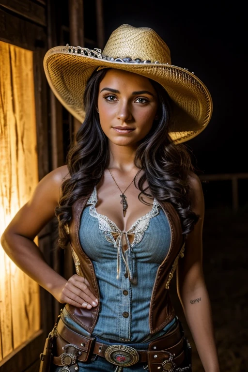 Garota LOURA com chapéu de cowboy holding an flashlight GREENlight e fogo, holding an flashlight, cowgirl, girl under lantern, western cowgirl, dressed as a western sheriff, vaca-, young girl in steampunk clothes, female cowgirl, , Directed by: Linda Sutton, the , Lighting, photo from , wearing a cowboy hat, next generation, robust portrait