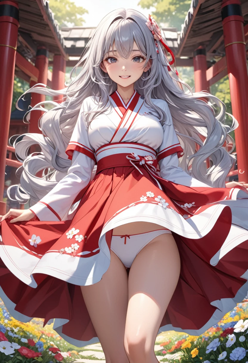 , ultra detailed, hyper detailed, best quality, highres, 4K, master piece, field of flowers, , looking at viewer, puzzled, happy, , shy, silver hair, very long hair, wave hair, gradient hair, tall, slender, beautiful breasts, shrine maiden outfit ,red skirt, (upskirt), (panties), dappled sunlight,