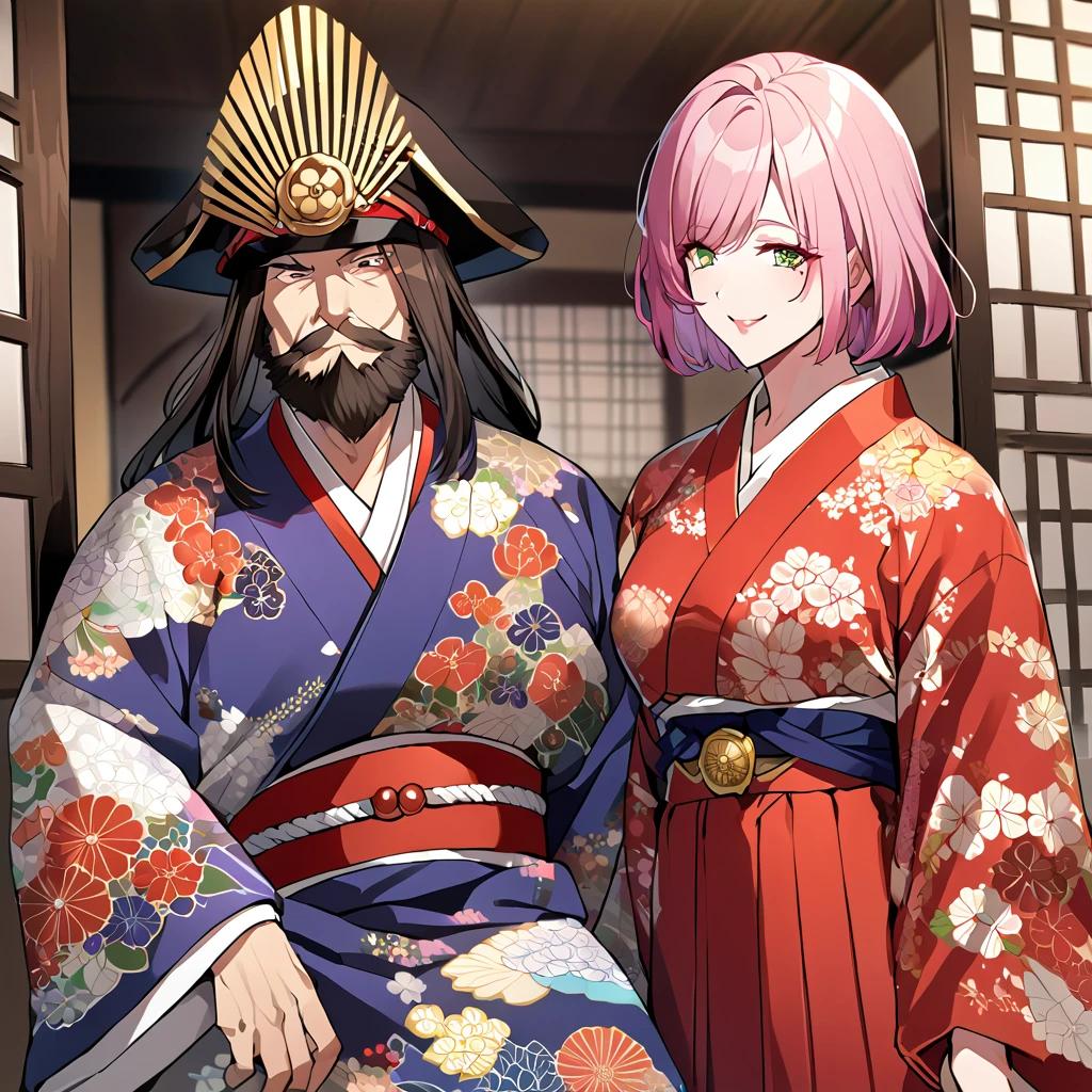 ((Highest quality)), ((masterpiece)), (detailed), (Perfect Face)、(That woman is Lena, Short pink hair and a sweet smile. She lives in a luxurious samurai mansion、Wife of Oda Nobunaga. She is gorgeous, Colorful, A kimono with patterns and embroidery, Traditional Japanese hairstyle, Gorgeous combs and gorgeous ornaments from the Edo period.)、The man and the woman are close, My husband is 60 years old.、My wife is 32 years old..、That man is Oda Nobunaga., A dignified man with a beard, Wearing a crested hakama.
