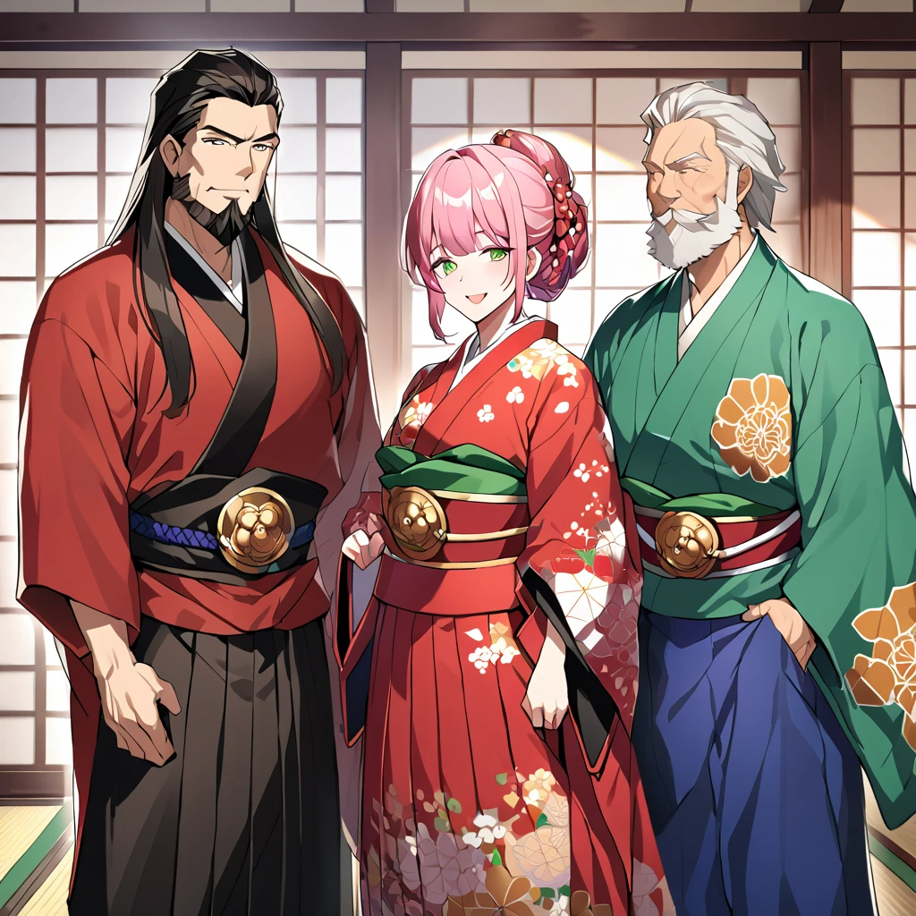 ((Highest quality)), ((masterpiece)), (detailed), （Perfect Face）、（That woman is Lena, Short pink hair and a sweet smile. She lives in a luxurious samurai mansion、Wife of Oda Nobunaga. She is gorgeous, Colorful, A kimono with patterns and embroidery, Traditional Japanese hairstyle, Gorgeous combs and gorgeous ornaments from the Edo period.）、The man and the woman are close, My husband is 60 years old.、My wife is 32 years old..、That man is Oda Nobunaga., A dignified man with a beard, Wearing a crested hakama.