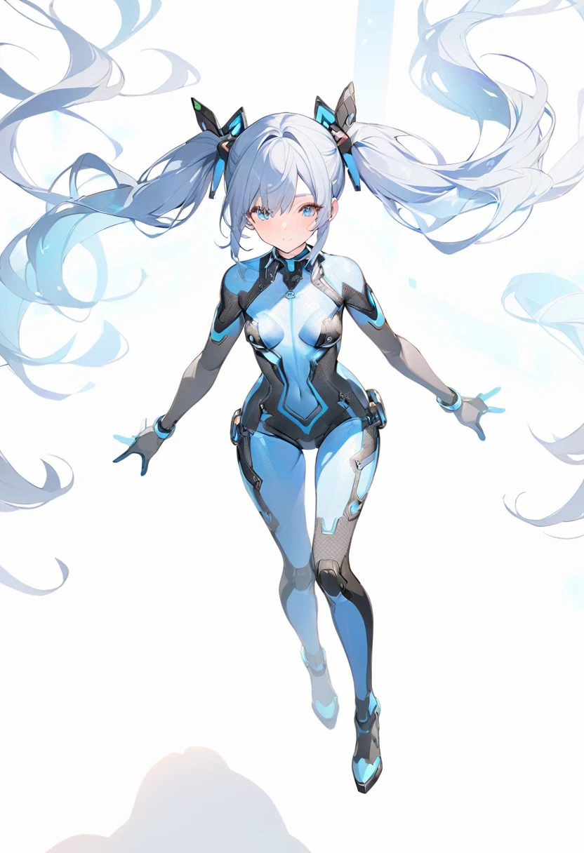 Blue Star,Twin tails,Top view,Standing on a white floor,Blue light pattern,See-through bodysuit,A bodysuit with an open chest and exposed skin