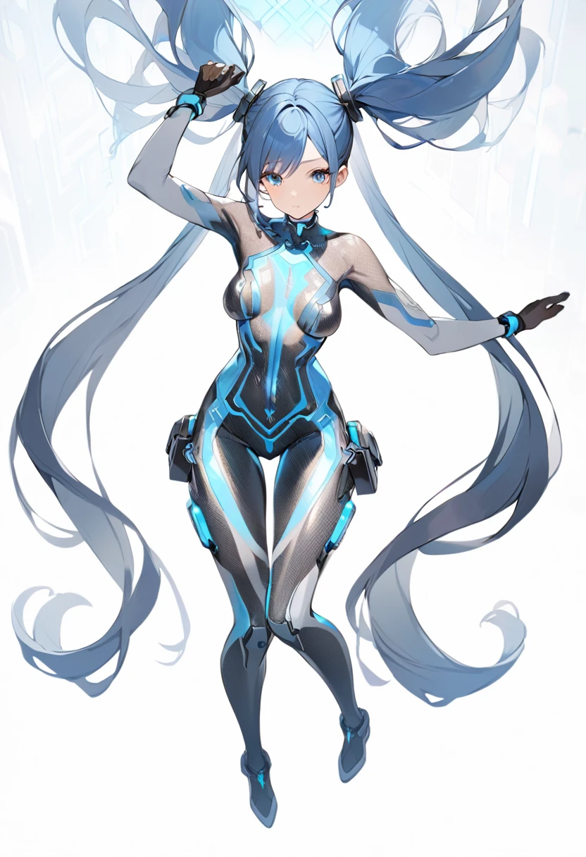 Blue Star,Twin tails,Top view,Standing on a white floor,Blue light pattern,See-through bodysuit,A bodysuit with an open chest and exposed skin