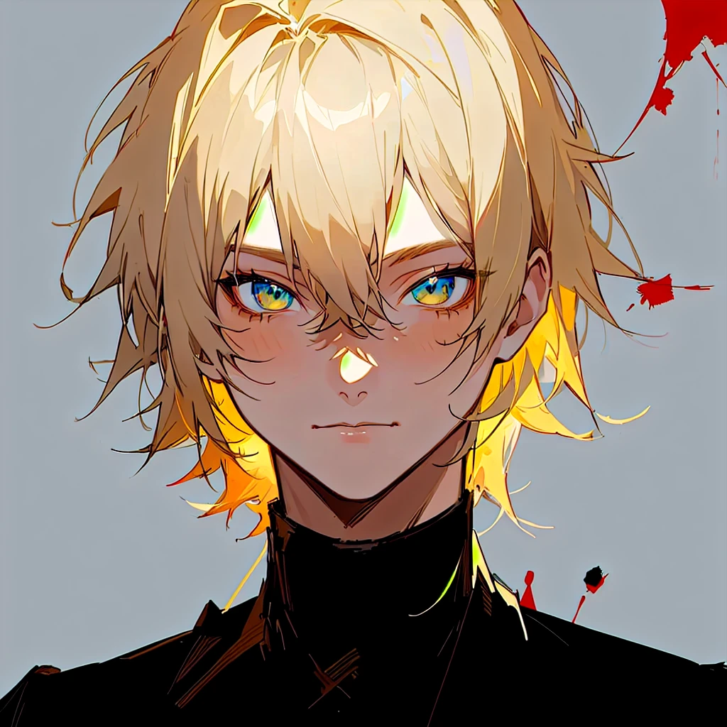 blood splatter, gore on face, mania, anime - style image of a man with blonde hair and a black turtle neck, made with anime painter studio, painted in anime painter studio, guweiz, halfbody portrait, anime boy, zerochan, in an anime style, speedpaint, detailed anime soft face, flat anime style shading, soft anime illustration, boy thin face, anime style portrait, anime portrait