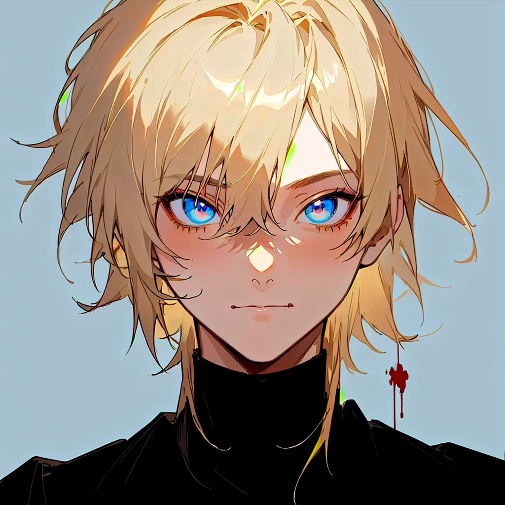 blood splatter, gore on face, mania, anime - style image of a man with blonde hair and a black turtle neck, made with anime painter studio, painted in anime painter studio, guweiz, halfbody portrait, anime boy, zerochan, in an anime style, speedpaint, detailed anime soft face, flat anime style shading, soft anime illustration, boy thin face, anime style portrait, anime portrait