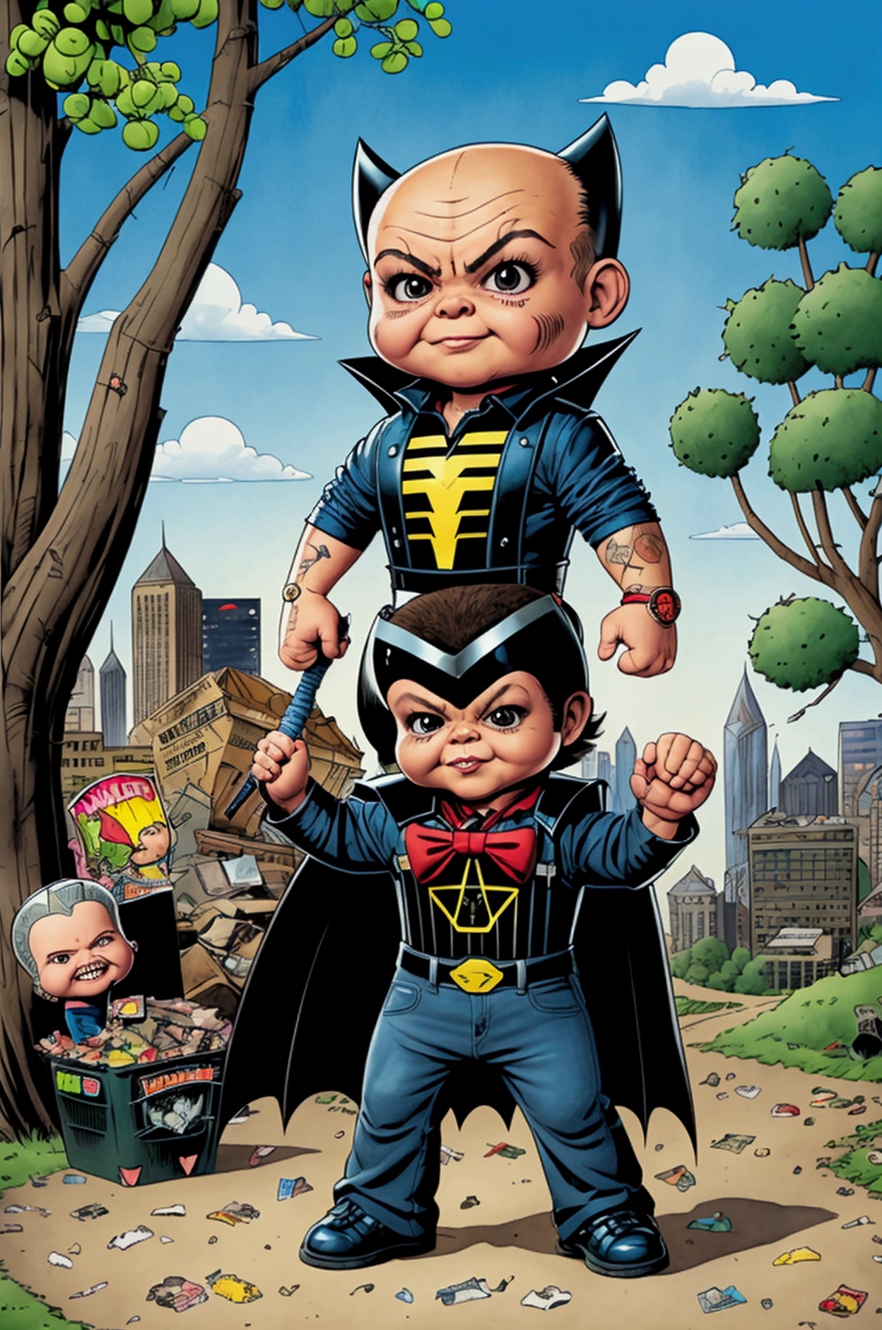 X-men Wolverine , bat in left hand, ((garbage pail kids style)), in a park, cartoon, high quality, watercolor,  detailed full body
