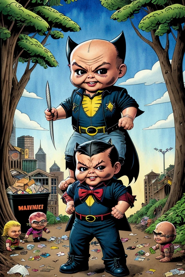 X-men Wolverine , bat in left hand, ((garbage pail ???? style)), in a park, cartoon, high quality, watercolor,  detailed full body