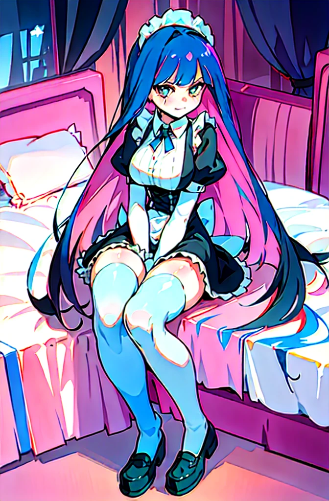 (masterpiece, top quality, best quality), pixel,pixel art,1stocking_anarchy, stocking_\(psg\), full body, embarrassed, maid outfit, thighhighs, sitting on bed