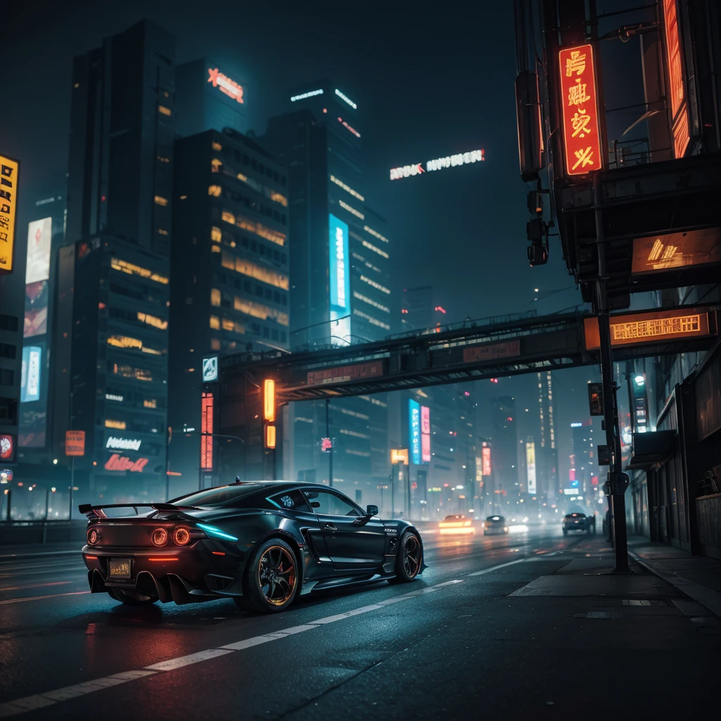 Masterpiece, best quality, Extremely detailed, Beautiful shadows, cyberpunk style, Unity, Wallpaper, Capture the excitement and energy of a car with a fast shutter speed, using bold and vibrant colors to create a dynamic and action, packed fantasy, Insanely detailed, Realistic.