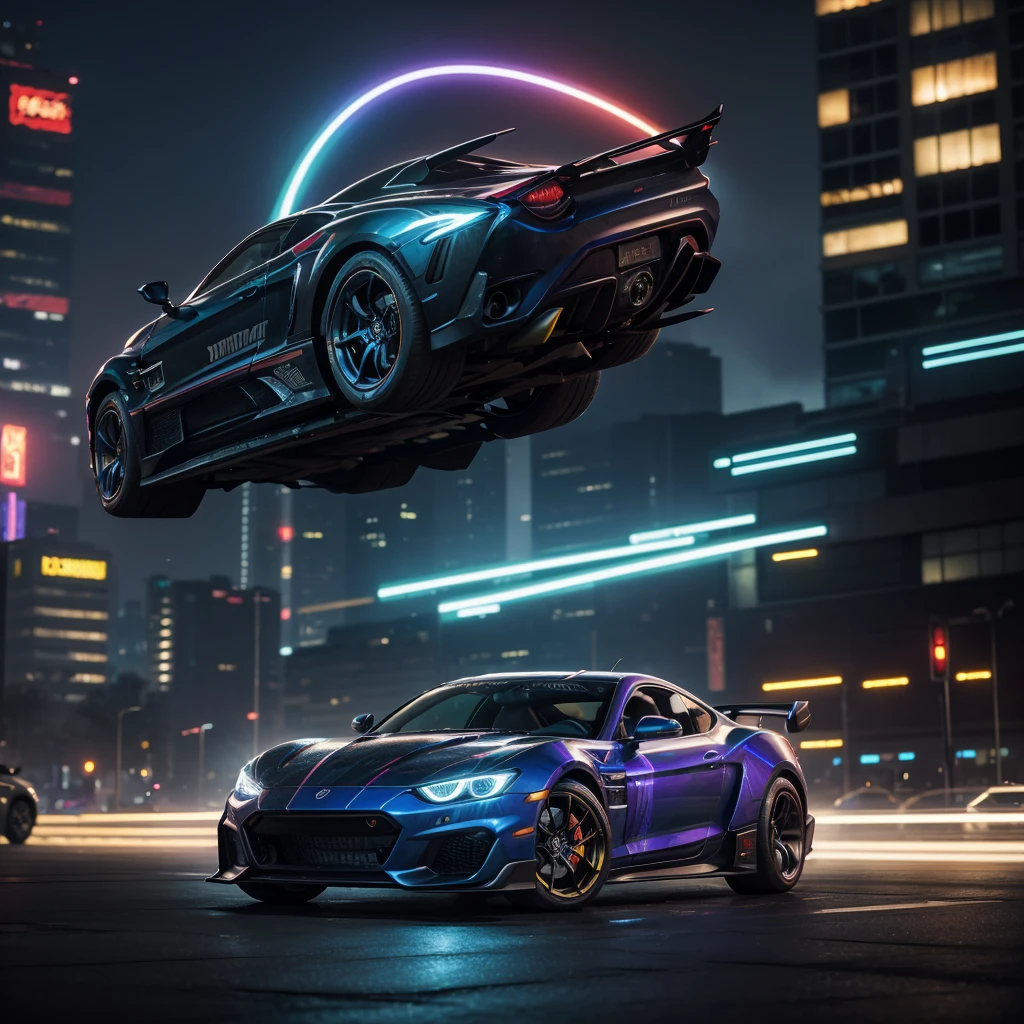 Masterpiece, best quality, Extremely detailed, Beautiful shadows, cyberpunk style, Unity, Wallpaper, Capture the excitement and energy of a car with a fast shutter speed, using bold and vibrant colors to create a dynamic and action, packed fantasy, Insanely detailed, Realistic.