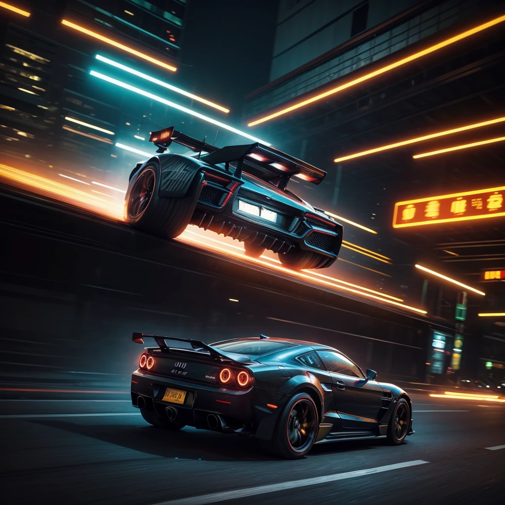 Masterpiece, best quality, Extremely detailed, Beautiful shadows, cyberpunk style, Unity, Wallpaper, Capture the excitement and energy of a car with a fast shutter speed, using bold and vibrant colors to create a dynamic and action, packed fantasy, Insanely detailed, Realistic.
