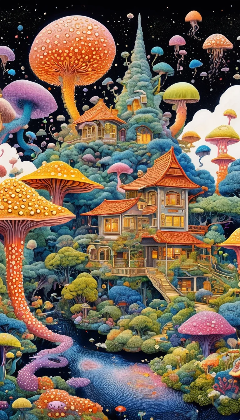 Strong visual fusion of multiple elements,Broto,来自Star的艺术家,house:1.37、Eye、Star、cloud、Spore powder、Tentacles,Describing the inner world of autistic people,密集Pointillism method。Smooth lines。Strange illustration。Pointillism method。Trypophobia。Strong contrast。Award-winning works。