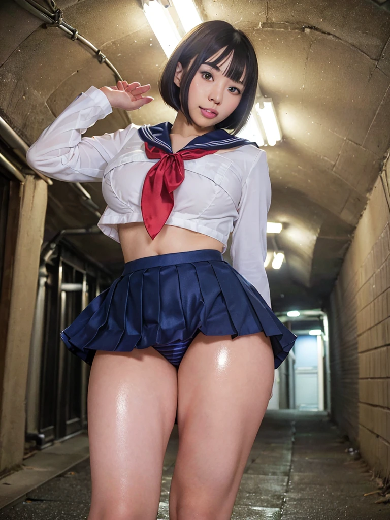 ,(Best Quality,8K,High resolution,realistic pictures:1.2),(cute girls,one girls,gravure idols),18-year-old,bob cut,Blunt bangs,thin waist,shiny skin,(sailor uniform,very short pleated miniskirt:1.3),(night time,In the underground passages:1.2),panty shot,Looking at viewer,