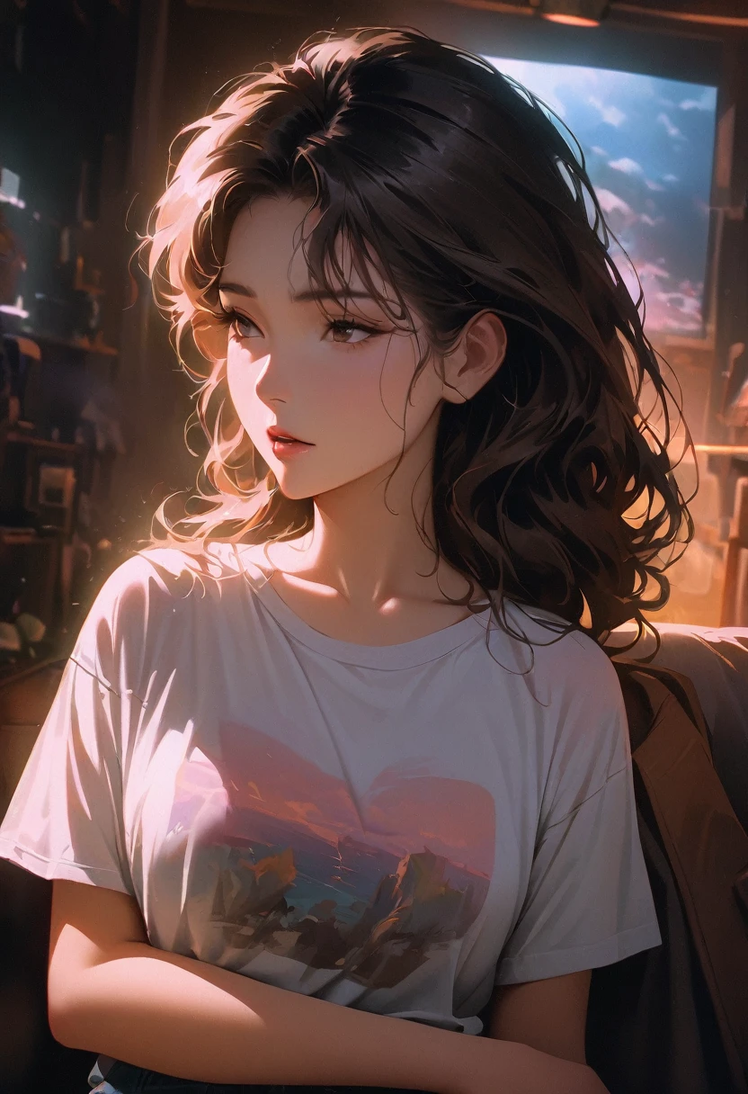 (RAW Photos, 4K, masterpiece, High resolution, Very complex) (Realistic: 1.4), Cinema Lighting, 1 girl, Focus Only, Summer noon, hot, 1990s (style), Denim Lenses, indoor, Short sleeve T-shirt