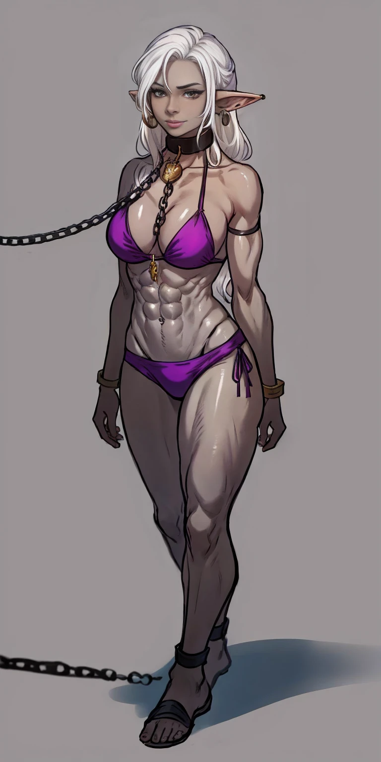 Appearance
Gender: Female
Age: Mature
Race: Drow (elf with dark skin and white hair)
Height: Full-body
Skin: Gray
Background: Plain Gray
Eyes: Purple
Attire: Bikini, revealing abdominal muscles
Accessories: Large earrings, ragged rags, chain necklace, leather collar choker neck bell 🔔