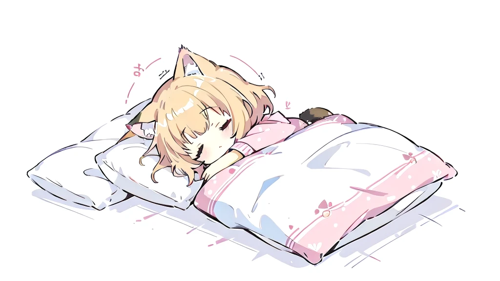 Short Hair、A cartoon of a cat sleeping on a pillow and another cat sleeping on it, there is nothingmimi, Cat girl, Beasts, There is a cat next to her, Cat girl, cute anime Cat girl, Ah ah, there is nothing, anime Cat girl, Anime Cat, dlc, Pink nightcap、Blonde Hair、Sleeping on a futon、cute、Chibi Character