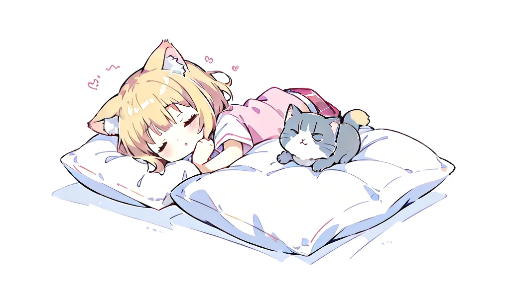 Short Hair、A cartoon of a cat sleeping on a pillow and another cat sleeping on it, there is nothingmimi, Cat girl, Beasts, There is a cat next to her, Cat girl, cute anime Cat girl, Ah ah, there is nothing, anime Cat girl, Anime Cat, dlc, Pink nightcap、Blonde Hair、Sleeping on a futon、cute、Chibi Character