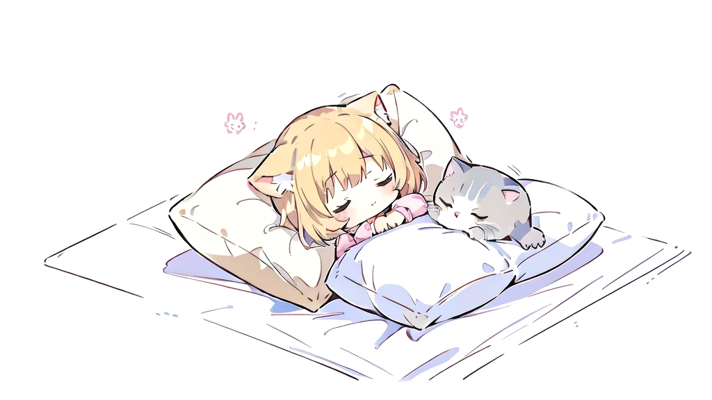 Short Hair、A cartoon of a cat sleeping on a pillow and another cat sleeping on it, there is nothingmimi, Cat girl, Beasts, There is a cat next to her, Cat girl, cute anime Cat girl, Ah ah, there is nothing, anime Cat girl, Anime Cat, dlc, Pink nightcap、Blonde Hair、Sleeping on a futon、cute、Chibi Character