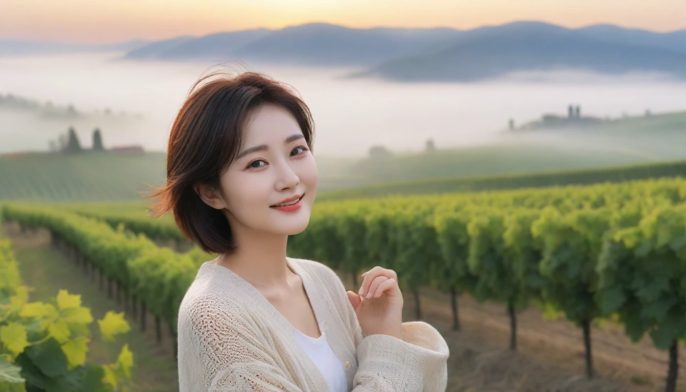 8k realistic, lifelike photo,, 36 year old Korean woman, Short in stature, pretty like a model. White shirt and short cardigan, casual pants, short medium hair, Smiley, Italy. vineyard, thick dawn fog. vineyard 멀리 짙은 안개 속으로 성당이 보인다. 1 woman, Short in stature, Excellent picture quality, The morning fog is thick, The picture quality is alive. Looking up the side, sunrise red light, A monastery can be seen in the distance, . Smiley