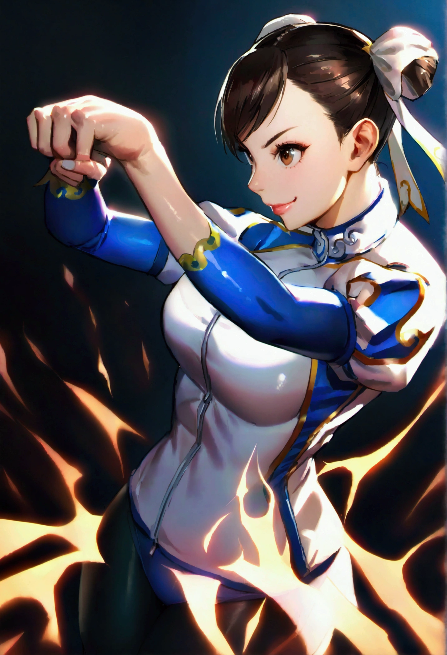 chun li,beautiful young fitness woman with , in a gym wearing May with black pantyhose, white and blue fitted gym jacket. standing alone, of hair,shiny brown eyes,beautiful smile,black leggings aura fight pose
