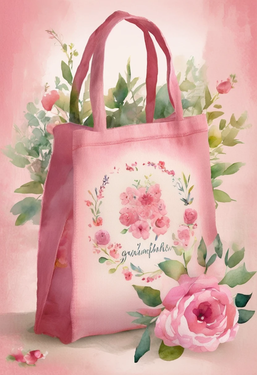 bag made of linen, has a heart-shaped, floral frame, Delicate watercolor flowers in vibrant pink and pink tones, Engaging illustrations. The text "grandmother, you are very special, It is like you, there is no equal! Memento, of your beloved grandchildren".