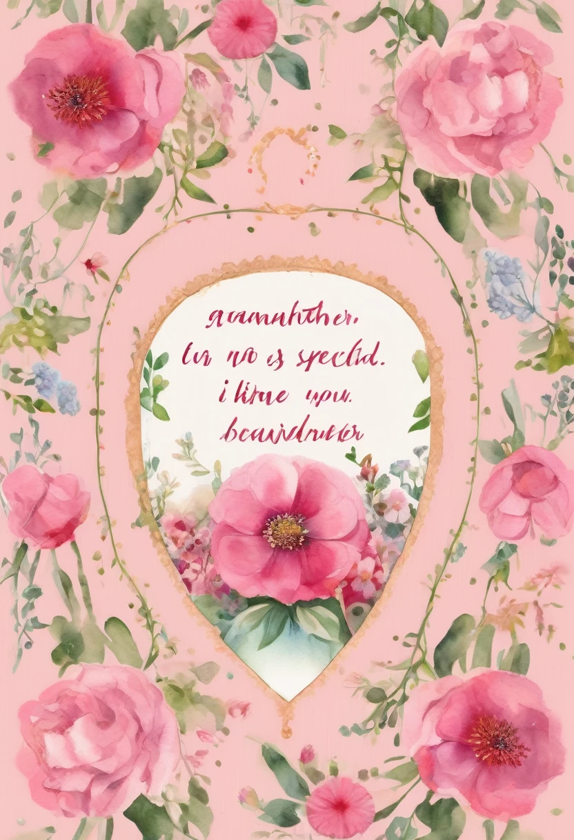 bag made of linen, has a heart-shaped, floral frame, Delicate watercolor flowers in vibrant pink and pink tones, Engaging illustrations. The text "grandmother, you are very special, It is like you, there is no equal! Memento, of your beloved grandchildren".