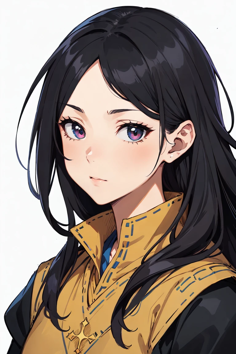 {portrait of girl},(white background),[[artist:as109,artist:wlop]],{[artist:WANKE]},[artist:ciloranko],[[artist:hiten]],artist:K-SUWABE,{{artist:mamimi}},((((dnd,fantasy,medieval)))),artist:OKAZU,,solo,official alternate costume,offcial art,,medium breasts, black hair, messy long hair,best quality, amazing quality, very aesthetic, note, line draft, highres, absurdres, (ultra-detailed:1.1) (beautiful detailed face),qzclothesdesign,qzmajiccircle