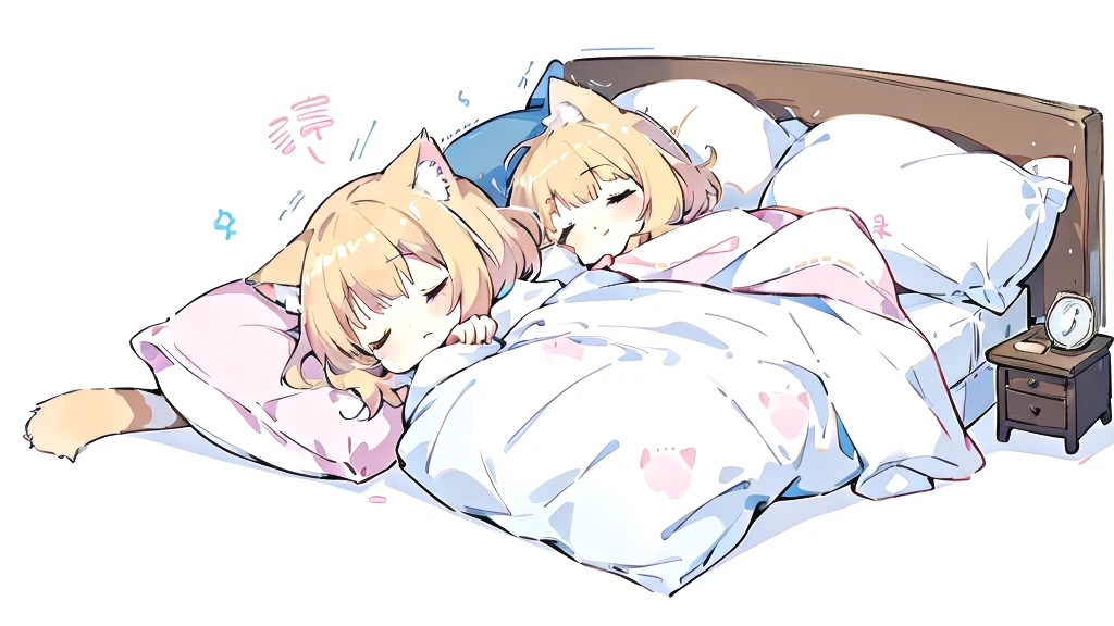 Short Hair、A cartoon of a cat sleeping on a pillow and another cat sleeping on it, there is nothingmimi, Cat girl, Beasts, There is a cat next to her, Cat girl, cute anime Cat girl, Ah ah, there is nothing, anime Cat girl, Anime Cat, dlc, Pink nightcap、Blonde Hair、Sleeping on a futon、cute、Chibi Character