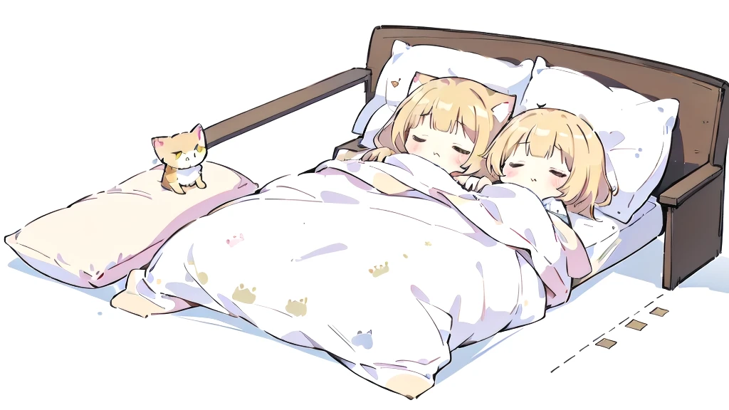 Short Hair、A cartoon of a cat sleeping on a pillow and another cat sleeping on it, there is nothingmimi, Cat girl, Beasts, There is a cat next to her, Cat girl, cute anime Cat girl, Ah ah, there is nothing, anime Cat girl, Anime Cat, dlc, Pink nightcap、Blonde Hair、Sleeping on a futon、cute、Chibi Character