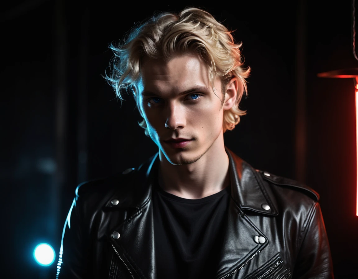 Hyper realistic, dark vibes, solo, young man, facing camera, 21 years, pale skin, model (skinny:1.2), blue eyes, (short wavy textured blond hair:1.2), black leather jacket, holding sharp knife, dark lighting, background (night BDSM club:1.2), foreboding, sexy, attractive, demon, incubus, evil, dark, sadistic expression(smirk:1.1), (red neon sign that says "CONTEXT":1.1)