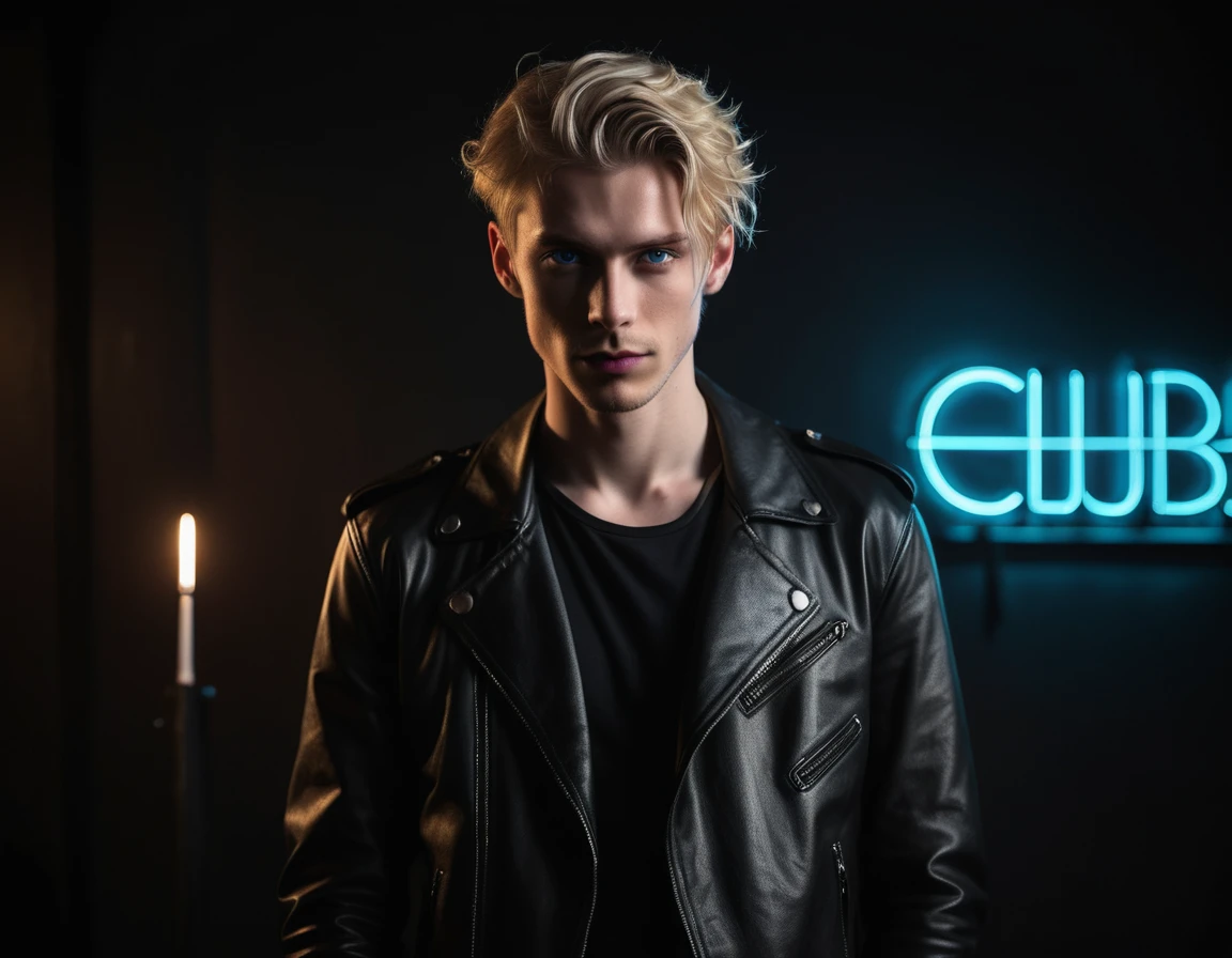 Hyper realistic, dark vibes, solo, young man, facing camera, 21 years, pale skin, model (skinny:1.2), blue eyes, (short wavy textured blond hair:1.2), black leather jacket, holding sharp knife, dark lighting, background (night BDSM club:1.2), foreboding, sexy, attractive, demon, incubus, evil, dark, sadistic expression(smirk:1.1), (red neon sign that says "CONTEXT":1.1)