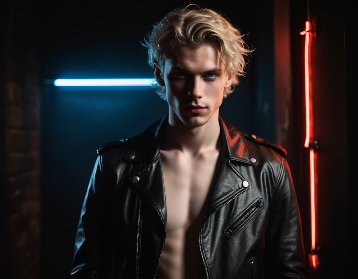 Hyper realistic, dark vibes, solo, young man, facing camera, 21 years, pale skin, model (skinny:1.2), blue eyes, (short wavy textured blond hair:1.2), black leather jacket, holding sharp knife, dark lighting, background (night BDSM club:1.2), foreboding, sexy, attractive, demon, incubus, evil, dark, sadistic expression(smirk:1.1), (red neon sign that says "CONTEXT":1.1)