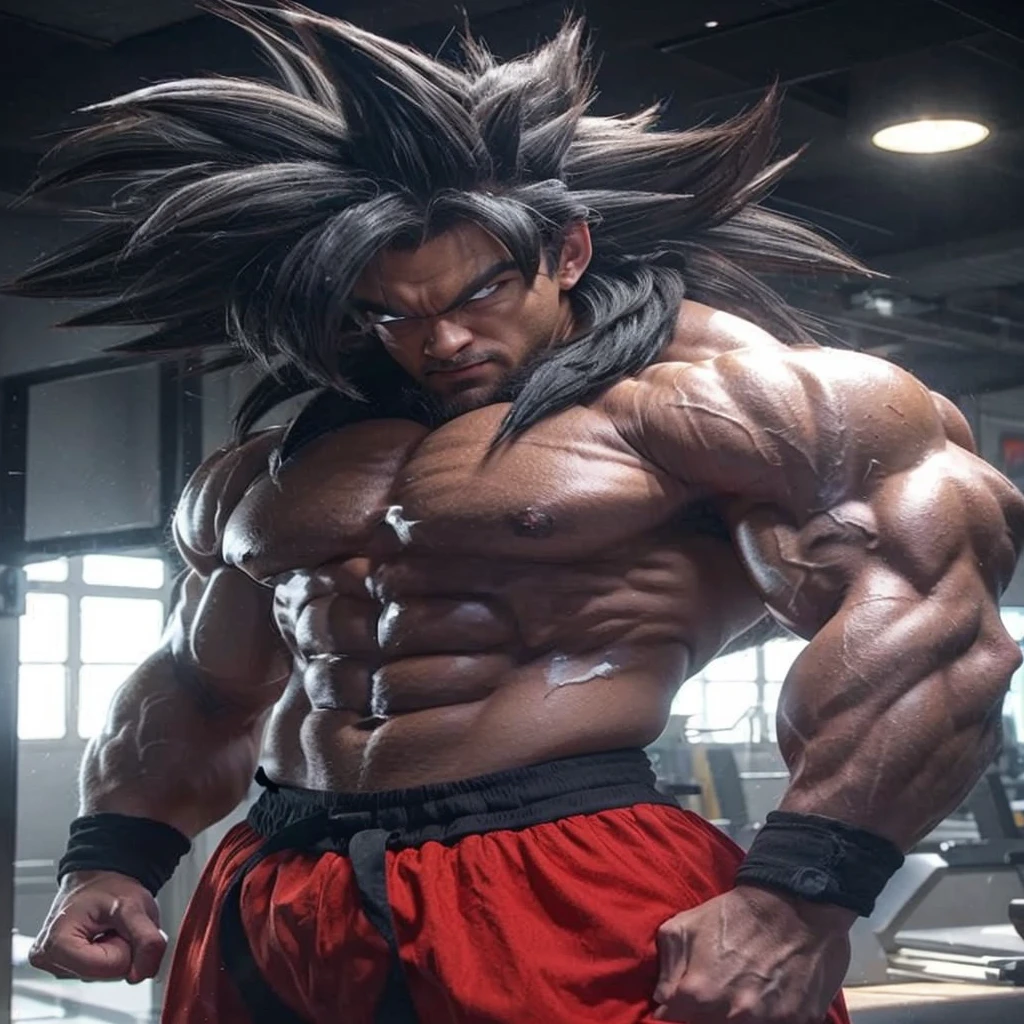 man with muscle , black hair, super saiya, dragon ball, lightening